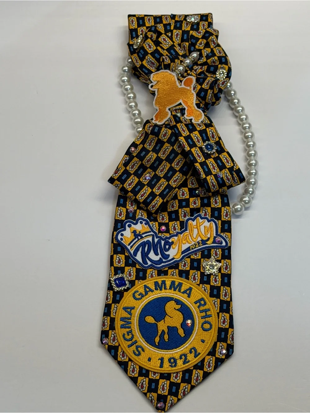Sigma Gamma Rho Sorority Poodle Patch Decorative Tie Necklace - Navy & Gold - Picture 1 of 6